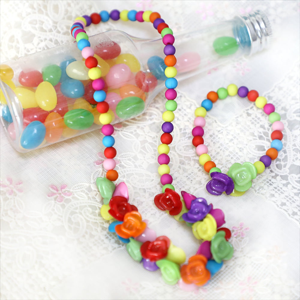 Lnkoo Little Girls Necklace Bracelet, 3 Sets Kids Lovely Beaded Necklace and Bracelet Colorful Beads Jewelry Princess Dress Up for Toddlers Kids Gift
