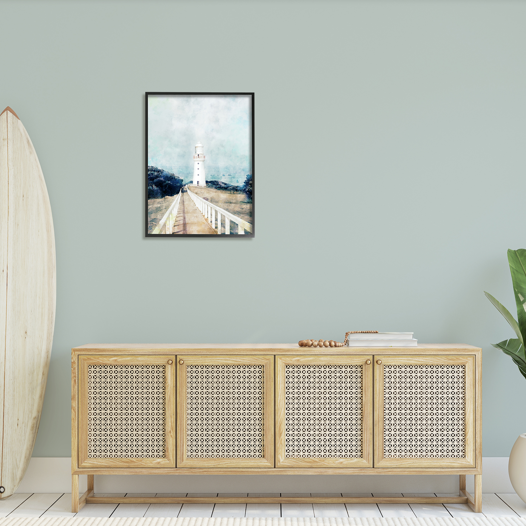 Stupell Industries White Lighthouse Boardwalk Rocky Cliff Coastal Landscape Water, 24 x 30,Design by Ziwei Li