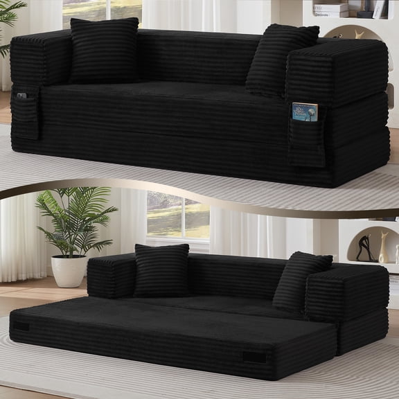 EHANCIS 78" Convertible Corduroy Futon Sleeper Sofa Bed,Oversized Boneless Couch ,4-in-1 Modular Loveseat Floor Sofas with Removable Armrests for Living Room Bedroom Lounge, Office(Black)