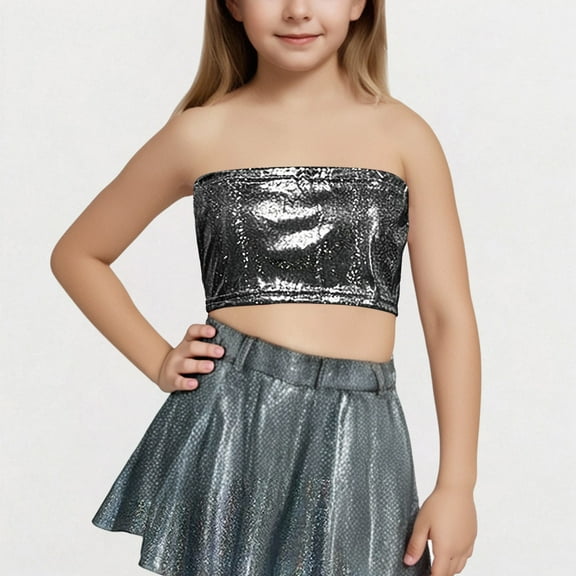 Tube-Tops for Girls Size 3-16 Sparkly Off Shoulder Cropped T-Shirts Teens Kids Trendy Solid Color Shiny Stretchy Dance Performance Tees