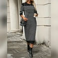 thumbnail image 3 of IDOPIP Womens 2024 Fall Striped Sweater Dresses Long Sleeve Crew Neck Slim Knit Midi Dress M Black, 3 of 7