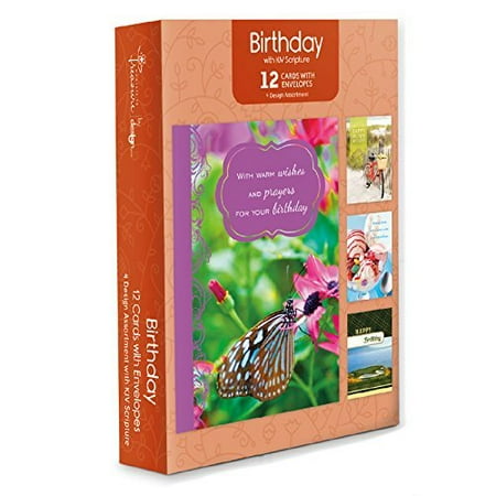 12 Boxed Cards - Pack of 12 Religious Birthday Cards, Boxed Enclosure Cards 4 Designs with Envelopes. Includes KJV Scripture on each Card