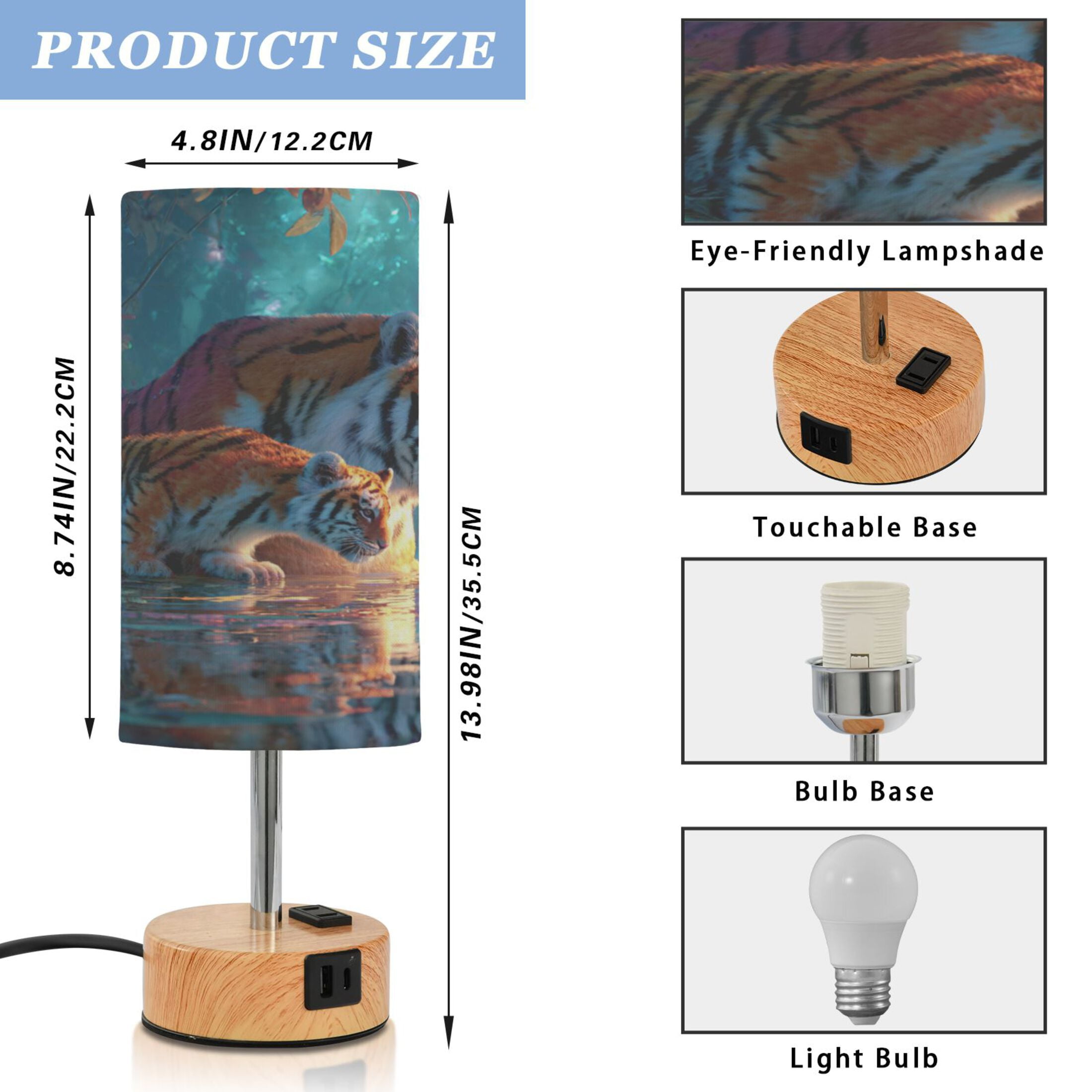 Touch-Control 3-Color Desk Lamp with Plug – Energy-Saving LED + 3 Simultaneous Charging Ports Two Tigers