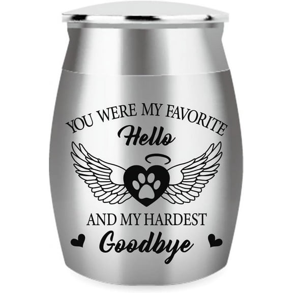 1.57 Inch Small Keepsake Urns for Cat Ashes Mini Cremation Urns for Ashes Stainless Steel Memorial Ashes with Paw Prints and Wings You were My Favorite Hello and My Hardest Goodbye