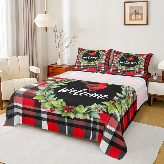 jejeloiu Merry Christmas Twin Sheet Sets,Cardinal Bird Twin Fitted Sheet,Ren Geometric Plaid Flat Sheet,Luxury Bedroom Decor,3pcs