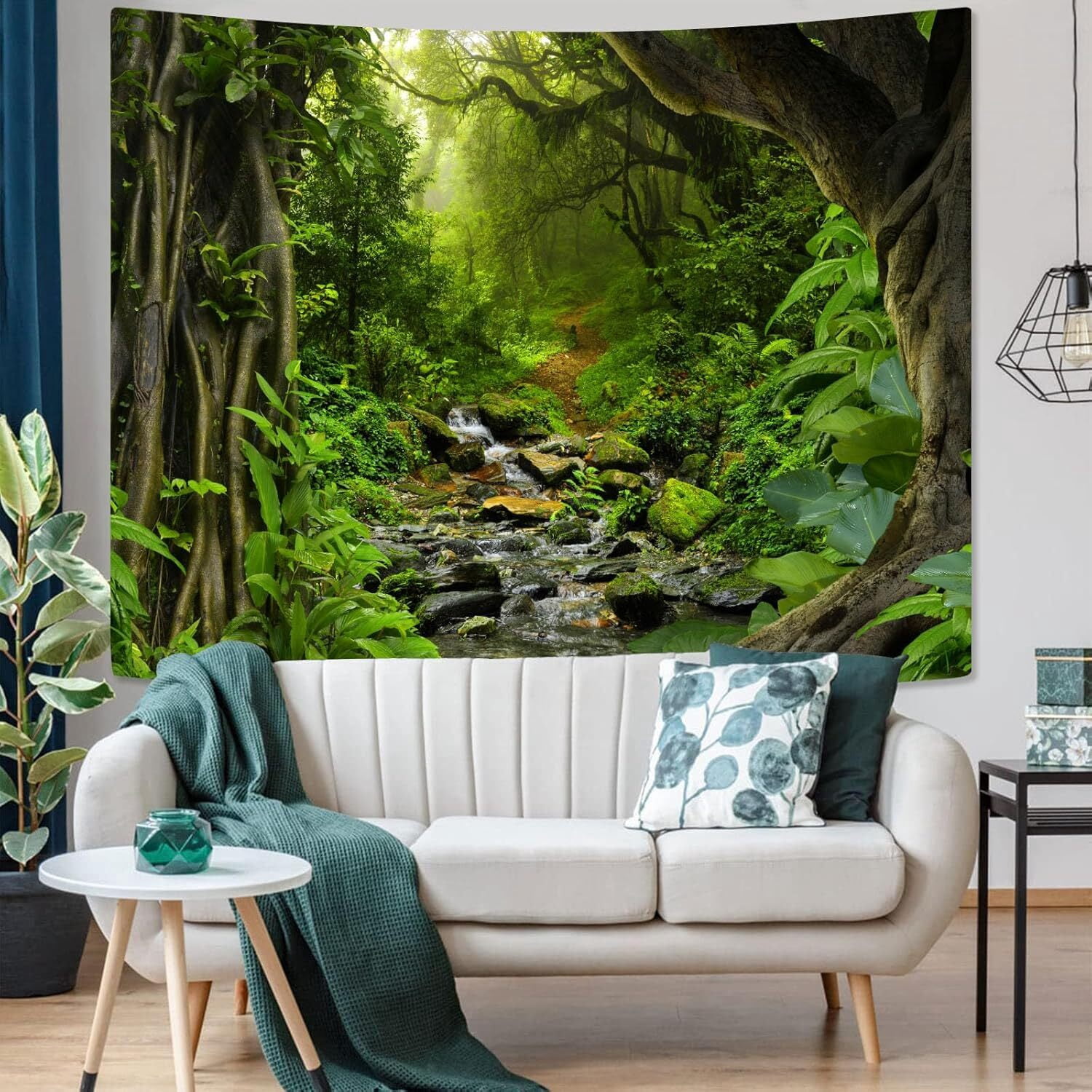 Green Rainforest Tapestry Nature Forest Tapestry for Bedroom Aesthetic Misty Tropical Jungle Trees Flowing Stream Landscape Tapestries Wall Hanging for Living Room Dorm 60 x 40 Inch