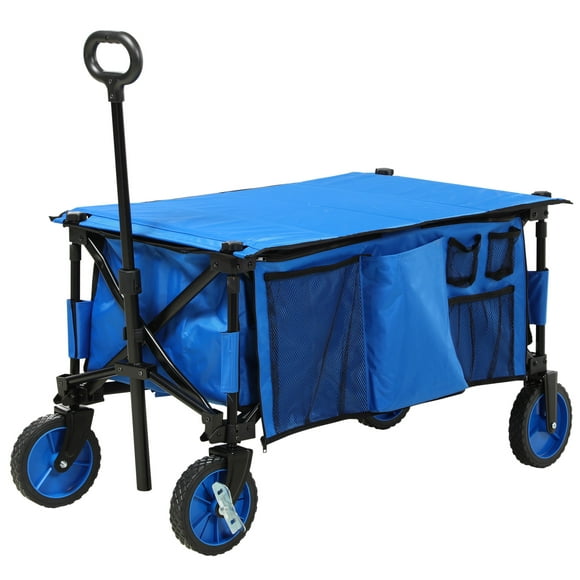 Outsunny Folding Garden Wagon Collapsible Wagon Cart with Wheels, Blue
