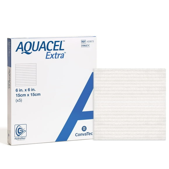 ConvaTec AQUACEL Extra 6"x6" Hydrofiber Absorbant Dressing for Moderate to Highly Exuding Wounds, Non-Woven Two-Dimensional Strengthening Fibers, Square, 5ct Box