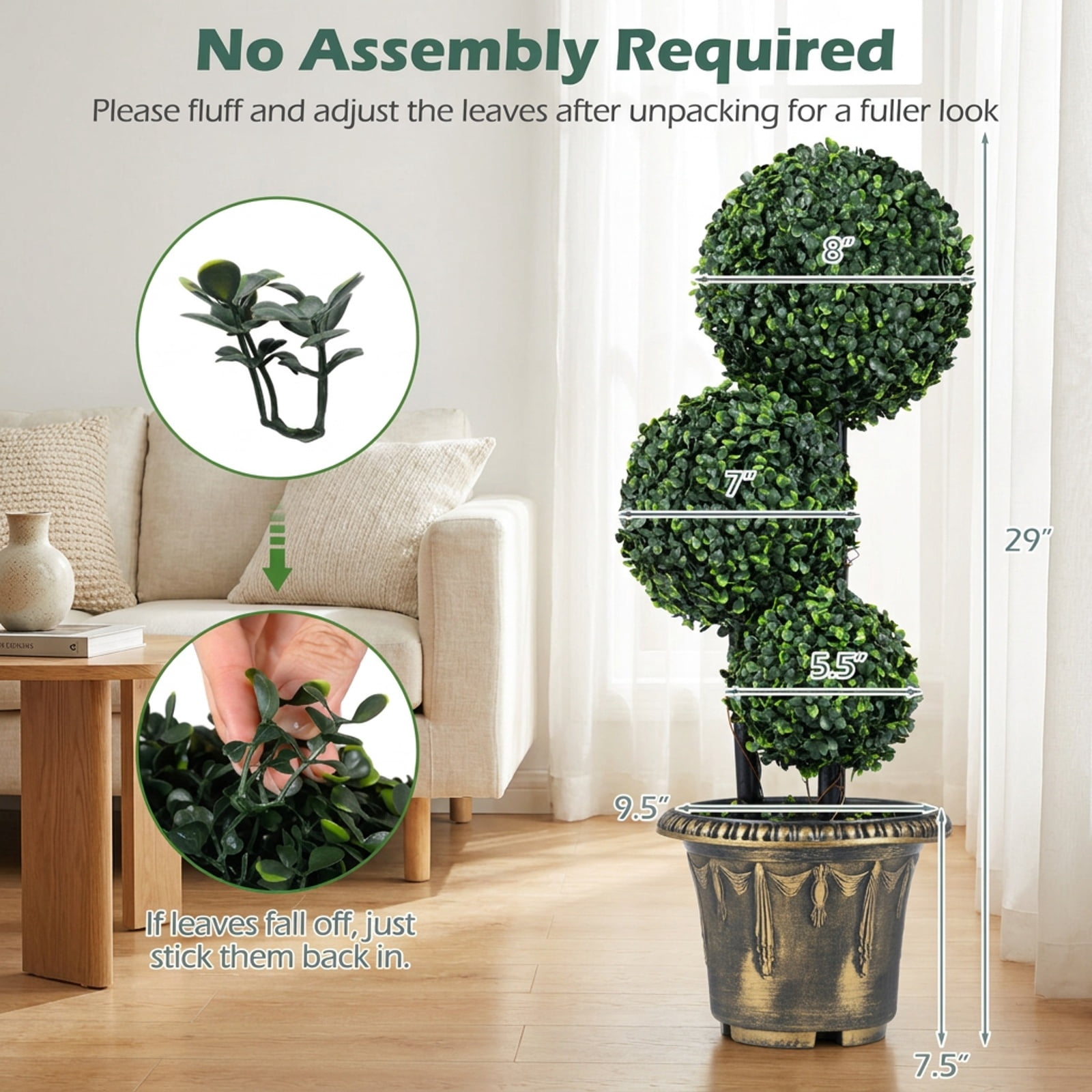 Vebreda Artificial Plant Decor, 2.5/3 FT Artificial Boxwood Topiary Tree Triple Ball Shrubs, Triple Ball Display, No-Care Daily Beauty