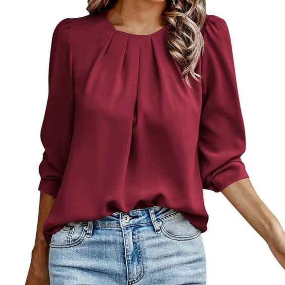 Summer Tops, Women'S Tops, Stylish Women's Shirt Long Sleeve Pleated Round Neck Blouse for Work and Casual Outings