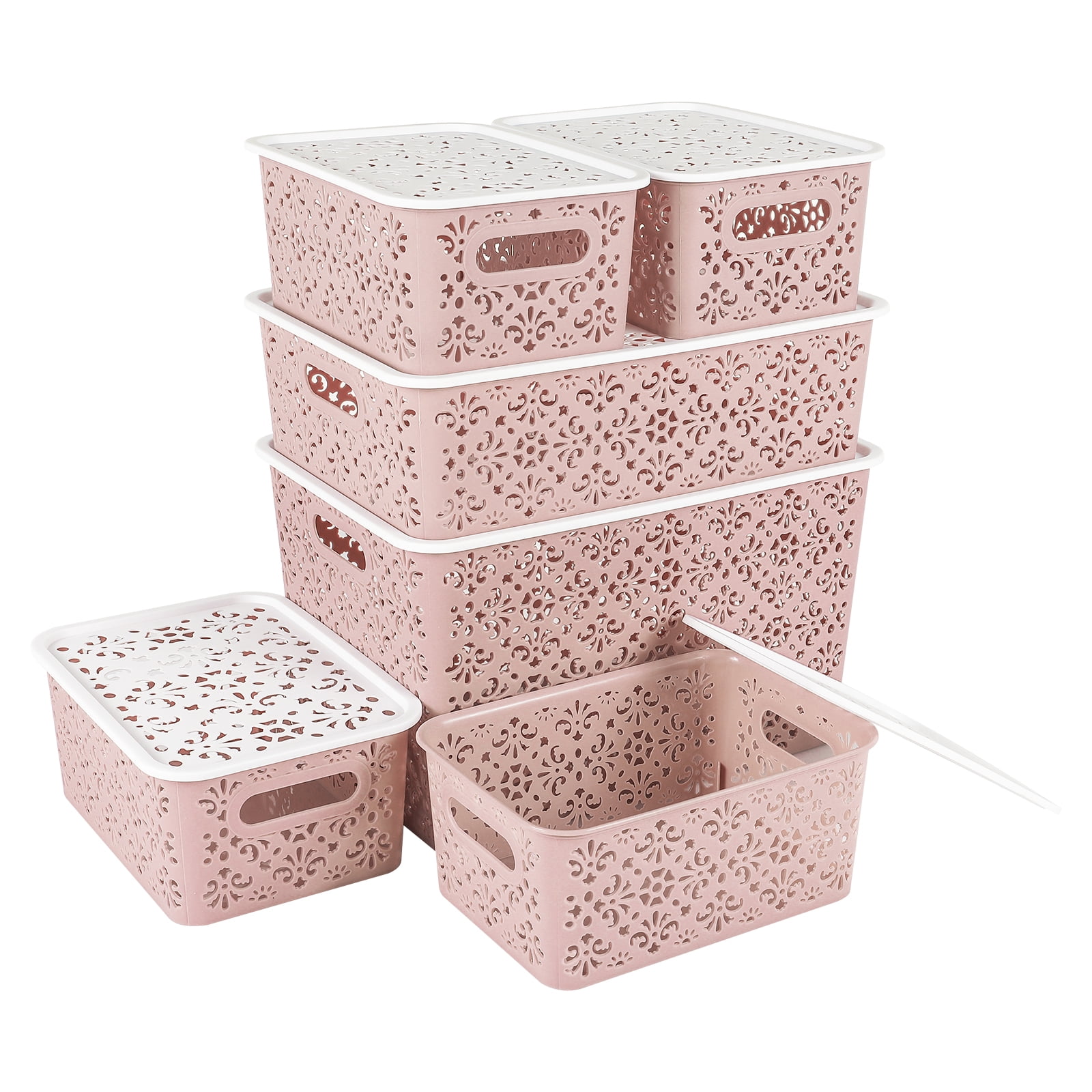 Set of 6 Stackable Lace-Design Storage Bins Plastic Home Organizer Container with Lids for Bathroom Closet Crafts, Pink