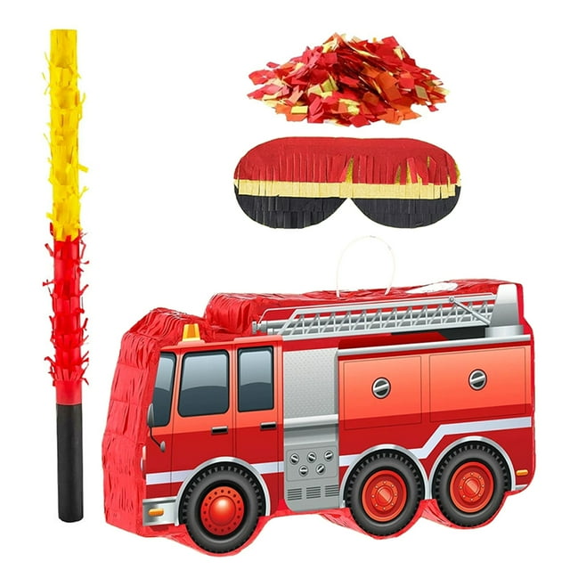 IFANLANDOR 1Set Fire Truck Pinata with Blindfold and Bat Red Party Supply for Firefighter Theme