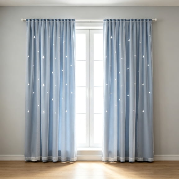 No Drill Magics Tape Star Cutout Blackouts Curtains Double Layer Sheer And Blackouts Thermal Insulated Window Curtains For Bedroom Living Room,Blue
