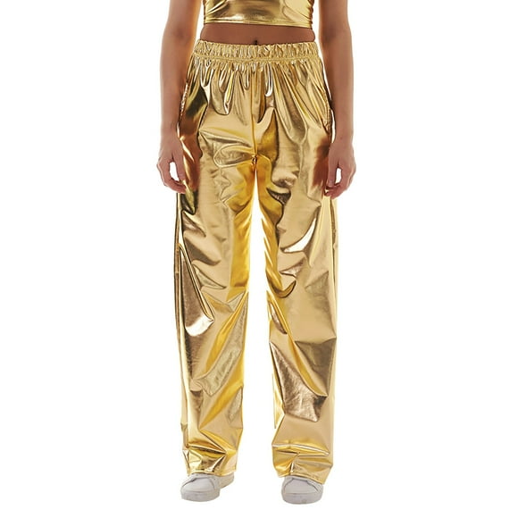 MITCOWBOY Leather Pants Women's Metallic Shiny Trousers Elastic Waistband Loose Casual Long Trousers Jogging Bottoms Plain Wet Look Faux Leather Leggings Leather Leggings Gold XXL Clearance！