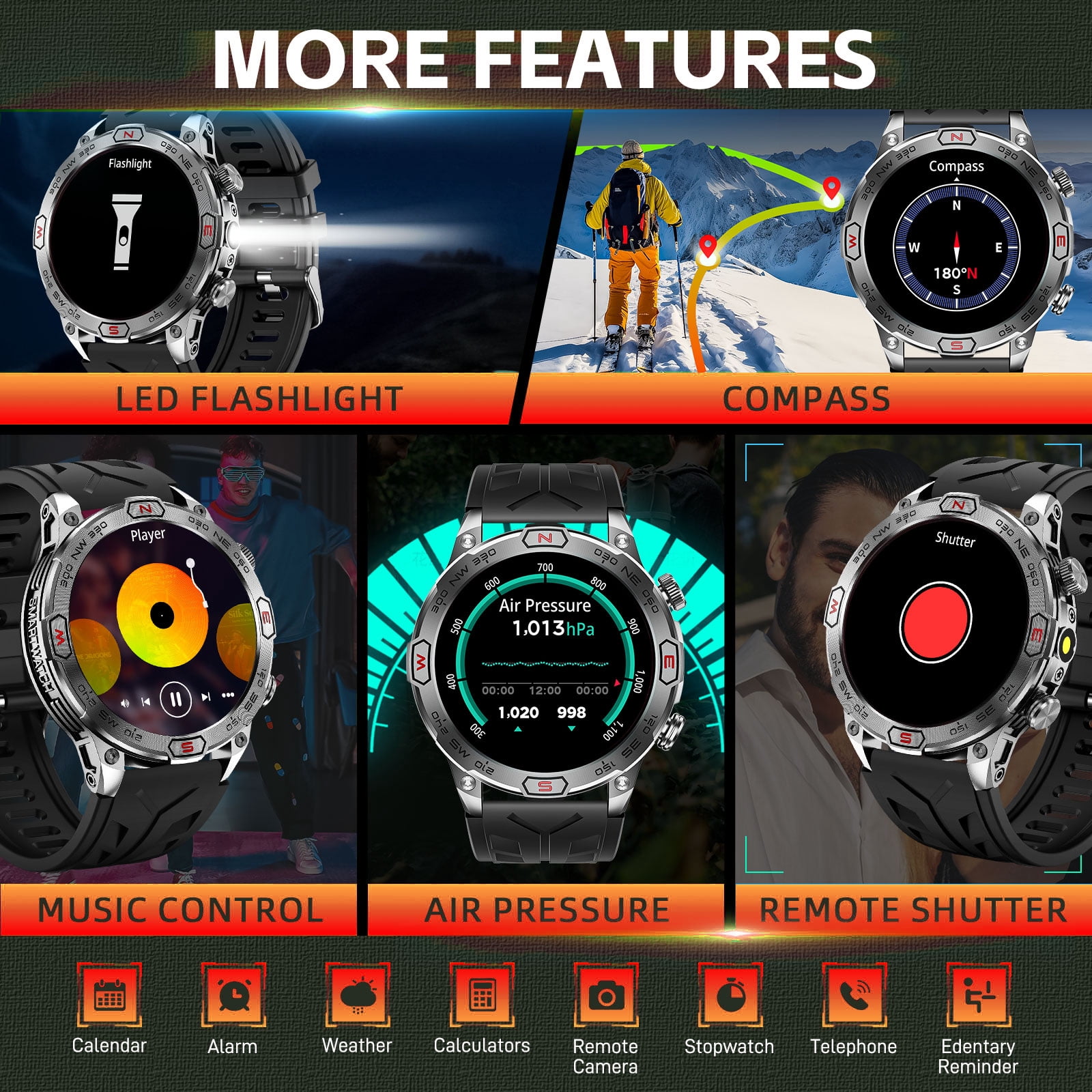 XAXRE Military Smartwatches for Men(Answer/Make Call), 1.43'' AMOLED Touch Screen Rugged Smartwatch with LED Flashlight Compass Altitude, 1ATM Waterproof Outdoor Sport Smart Watch for Android iOS