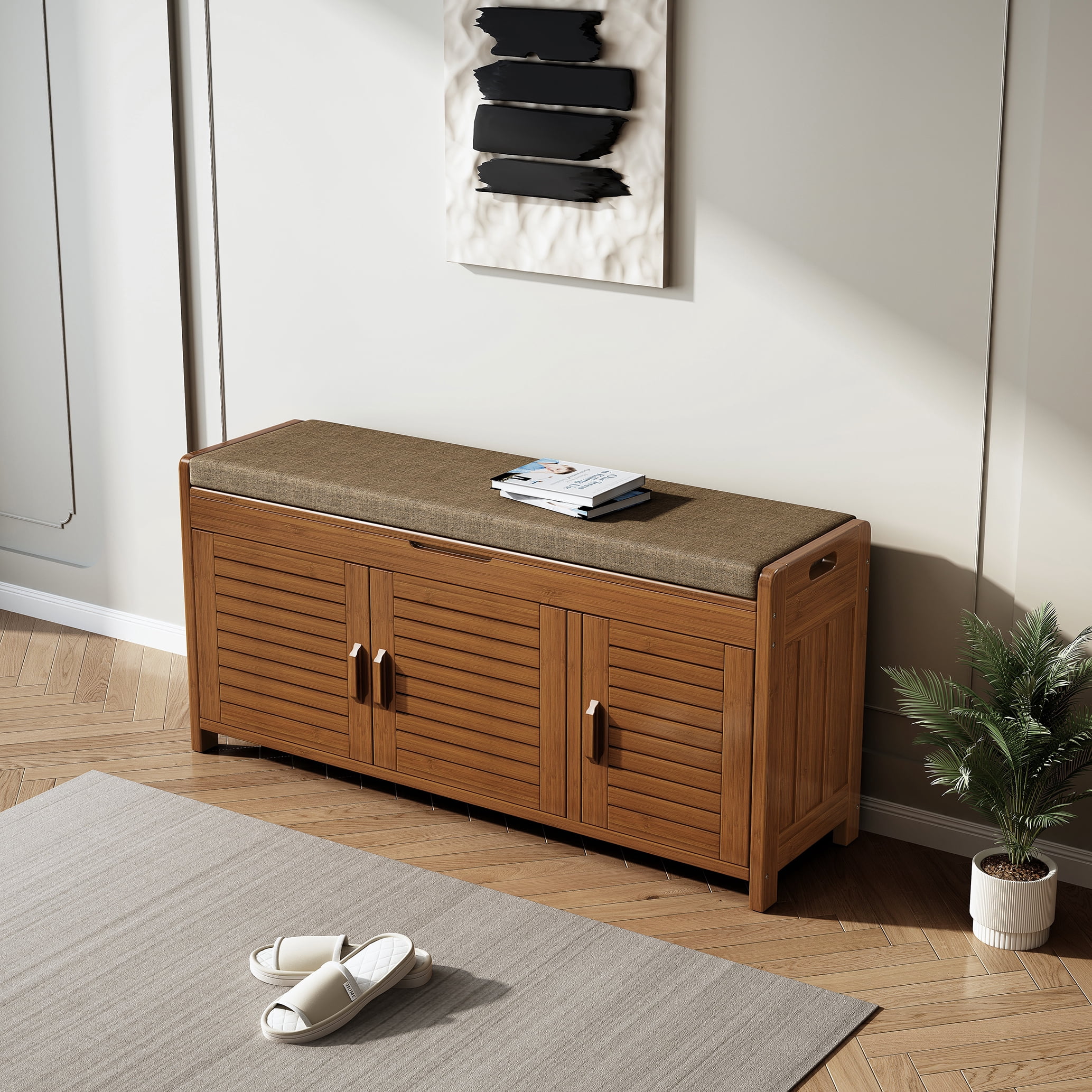 WILK Shoe Storage Bench  & Shoe Cabinet with Cushion Seat ,100% Solid Shoe Rack Bench with 3 Doors, Hidden Shoe Bench with Storage for Entryway, Hallway, Mudroom (Brown)