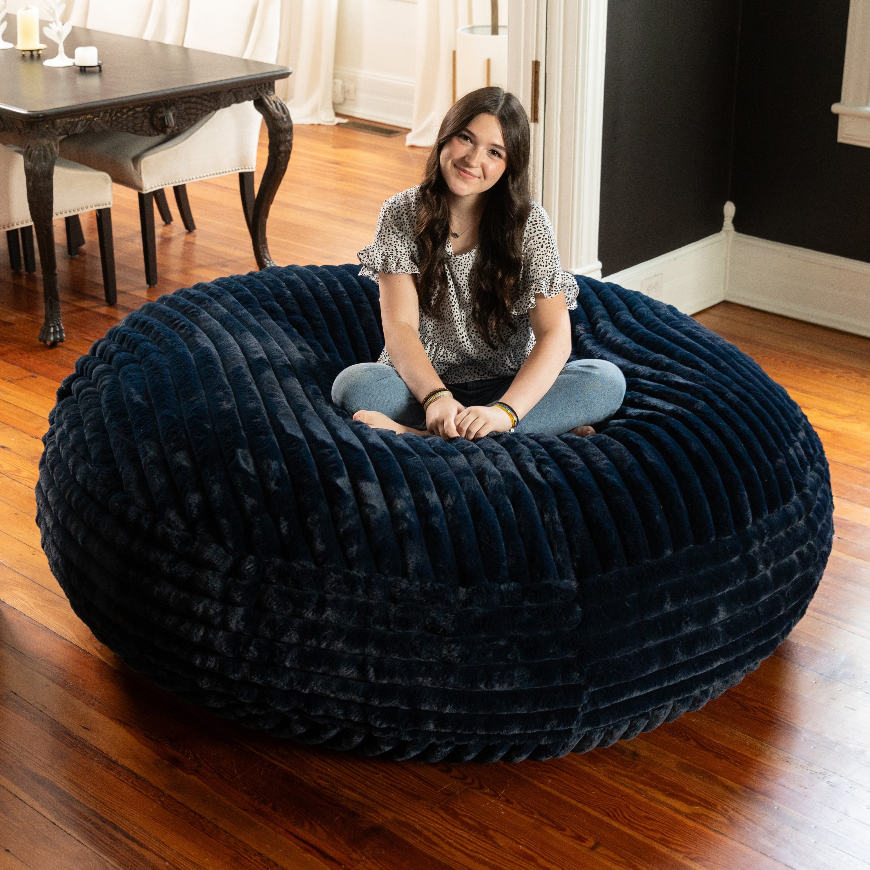 Jaxx 6 Foot Cocoon - Large Bean Bag Chair for Adults, Premium Luxe Faux Fur - Mondo Midnight Blue