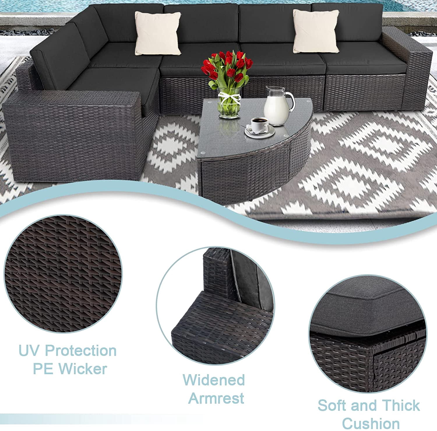 SUNCROWN Outdoor Furniture 6-Piece Patio Sofa and Wedge Table Set, All-Weather Brown Wicker with Washable Seat Cushions and Coffee Table (Dark Grey)