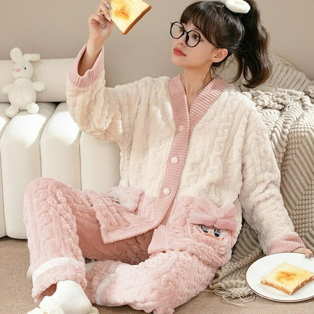 

CoCopeaunt Autumn Winter Warm Flannel Women Pajamas Set Thick Coral Velvet Long Sleeve Cartoon Sleepwear Flannel Pyjamas Home Clothes