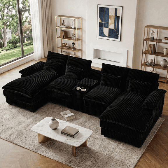 124" U Shaped Cloud Couch Sectional Sofa for Living Room, Oversized Modular Sectional Couch with Double Chaise & Storage Console, Black Corduroy Deep Seat Comfy Sofa with USB Ports & Cup Holders