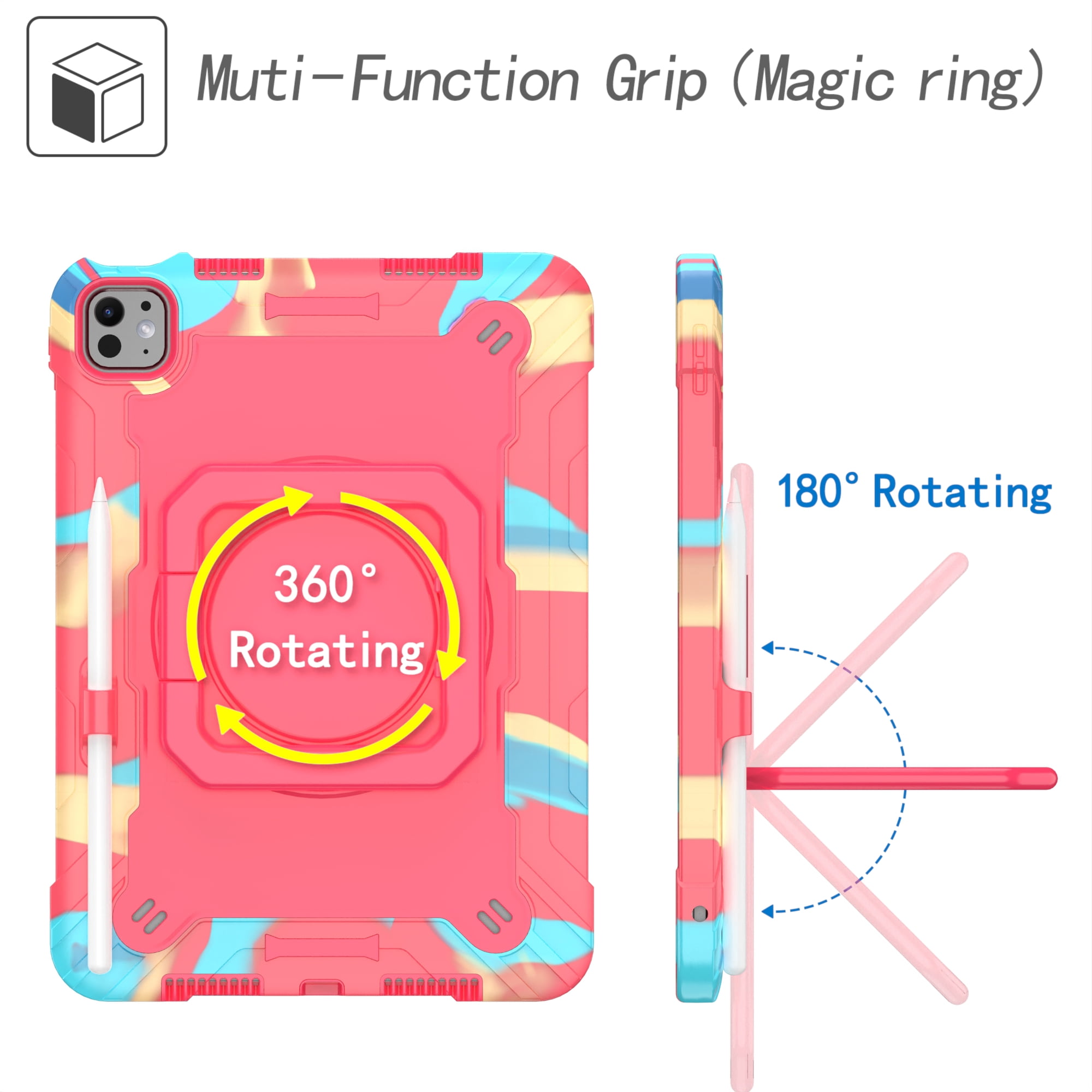 Allytechgroup Shockproof Case for Apple iPad Pro 11 Inch 2024 M4, with Shoulder Strap Pencil Holder Rotating Stand Handle Kids Friendly Heavy Duty Protection Cover for iPad Pro 11" 2024,Colorfol Rose