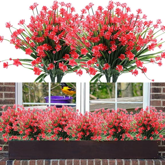 GRNSHTS 10 Bundles Artificial Flowers Fake Boxwood Plants Faux Plastic Lotus Shrubs UV Resistant No Fade Faux Greenery for Home Garden Hanging Planter Porch Patio Decoration (Red)