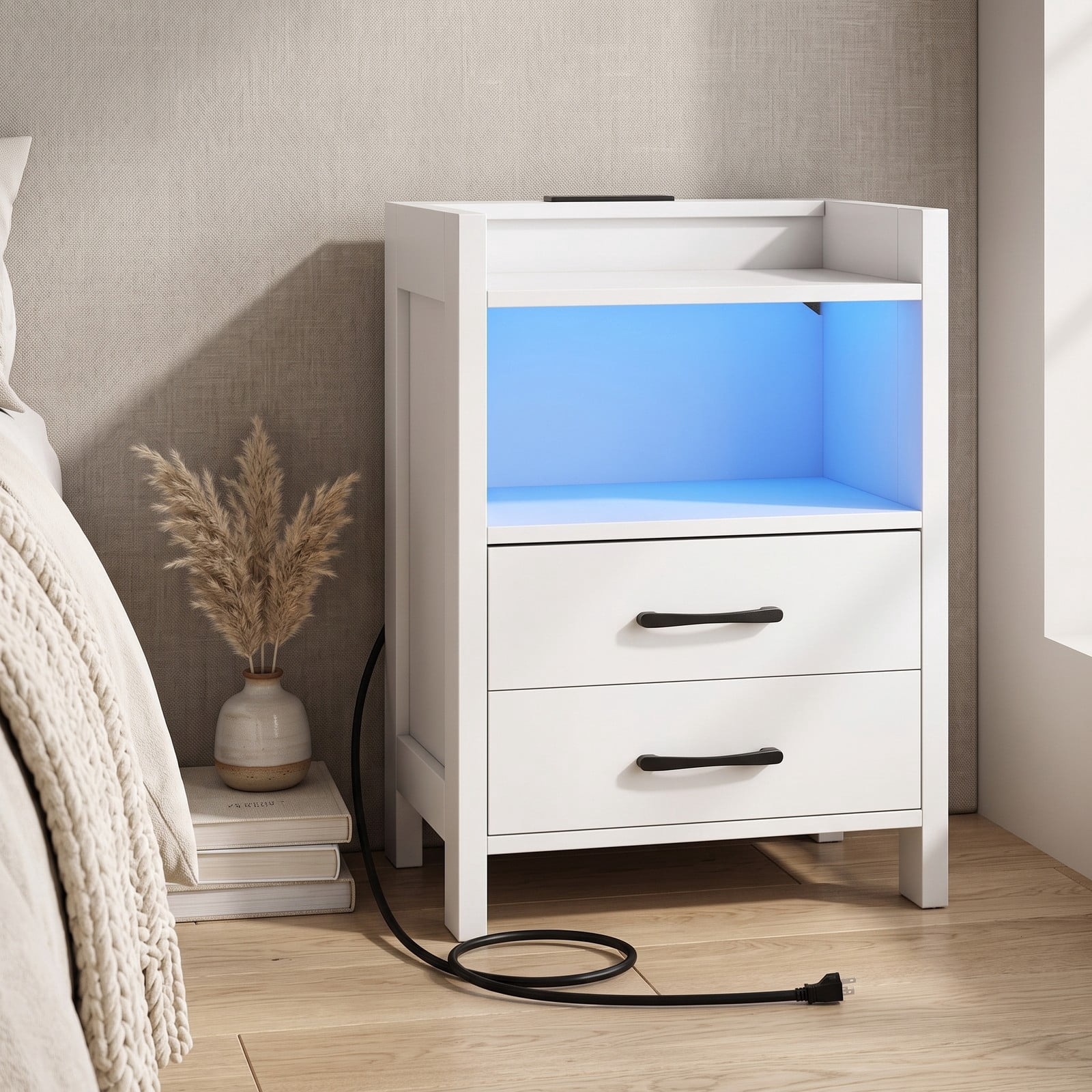 Furnibear 23.5 Inch Nightstand with Charging Station, USB & Type-C Ports, RGB LED Light, 2 Drawers and Open Storage Shelf, Modern Bedside Table for Bedroom, White