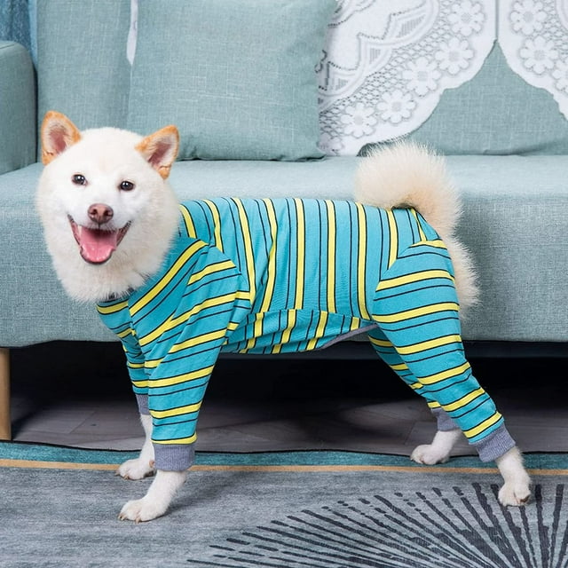 Recovery Suit for Dogs Cats Striped Dog Recovery Onesie Full Coverage Dog Bodysuit Long Sleeve 4 Legs Pajamas for Medium Large Dogs