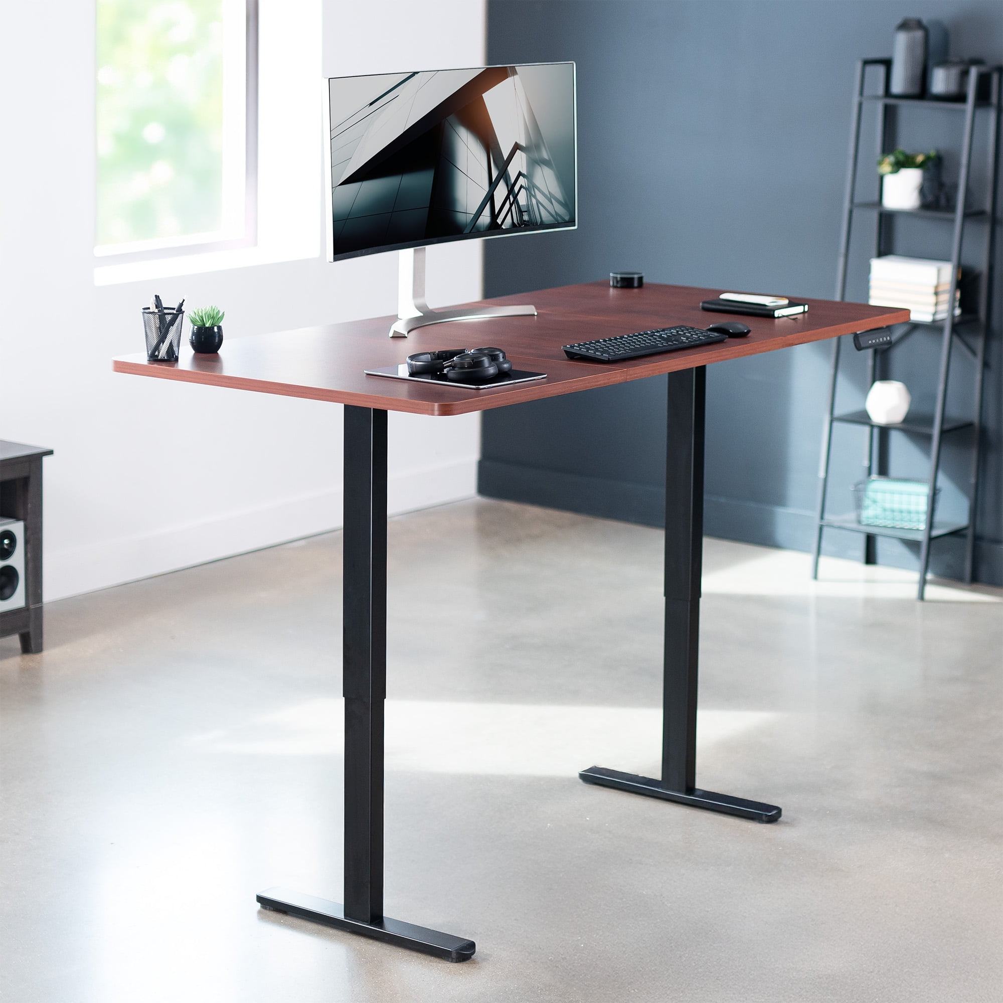 VIVO Electric Dual Motor 71” x 36” Standing Desk, Dark Walnut Top, Black Frame