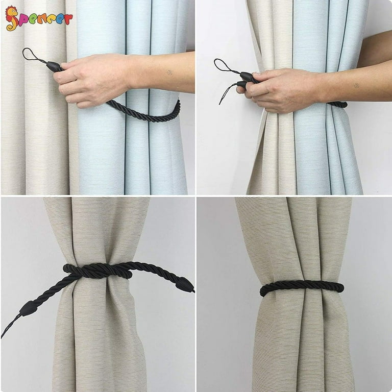 Spencer 2Pcs Braided Curtain Tiebacks, Rope Belt Curtain Tie Buckle  Holdback Drapery Curtain Tie Back with 2 Metal Hooks (Black)