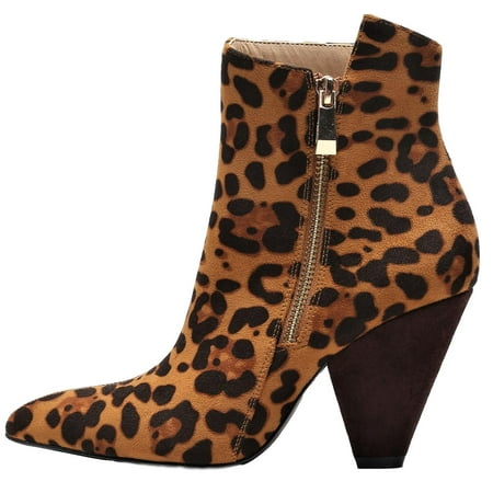 - 343-2 Women Ankle High Pointed Toe Cone Heel Zipper Booties Boots Leopard