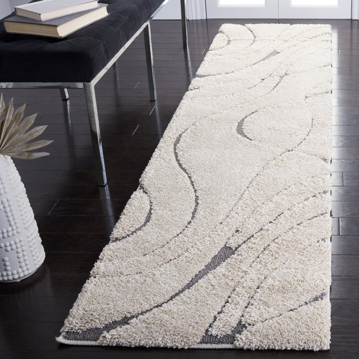 SAFAVIEH Florida Tamzen Abstract Shag Area Rug, Cream/Grey, 9' x 9' Square