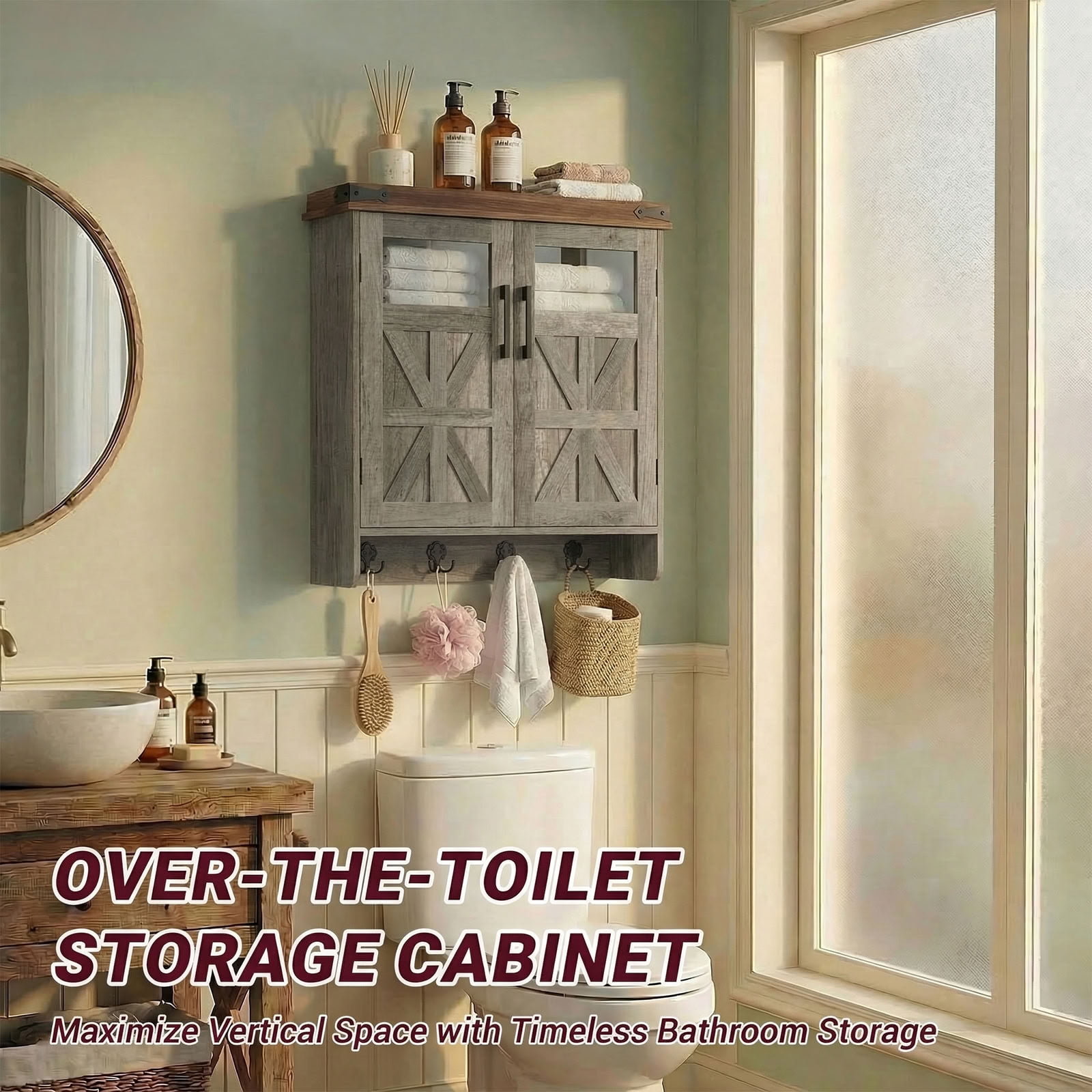 MAYEERTY 24" Bathroom Wall Cabinet, Farmhouse Over Toilet Storage Cabinet with Adjustable Shelves and Hooks, for Small Bathroom, Kitchen, Laundry