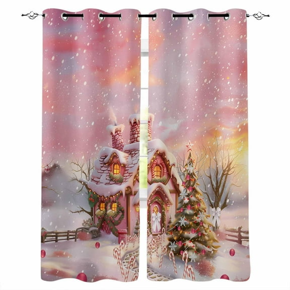 Hokiten Pink Christmas Blackout Curtains | Light Blocking Print Window Curtains, Watercolor Xmas Tree Snowflake Thermal Insulated Window Drapes for Living Room Kitchen Cafe (2 Panels, 104"W x 84"L)