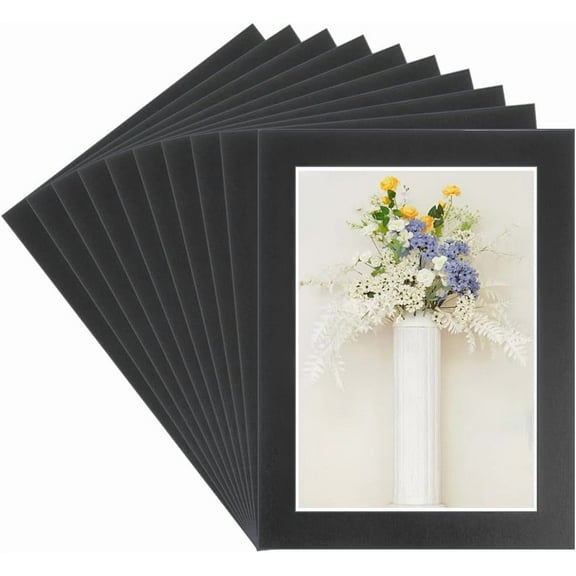 10 Sets 13.7x10.4in Picture Frame Mats Paper Black Photo Core Bevel Pre-Cut Mat Board with Plastic Cover 11x8in Pictures Display Show Kit
