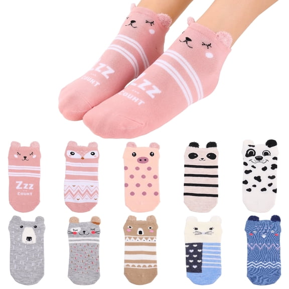 Bocaoying 10 Pairs Cute Ankle Socks for Women Funny Cartoon Animal Low Cut No Show Socks for Flats Boat Casual Shoes 5-8.5