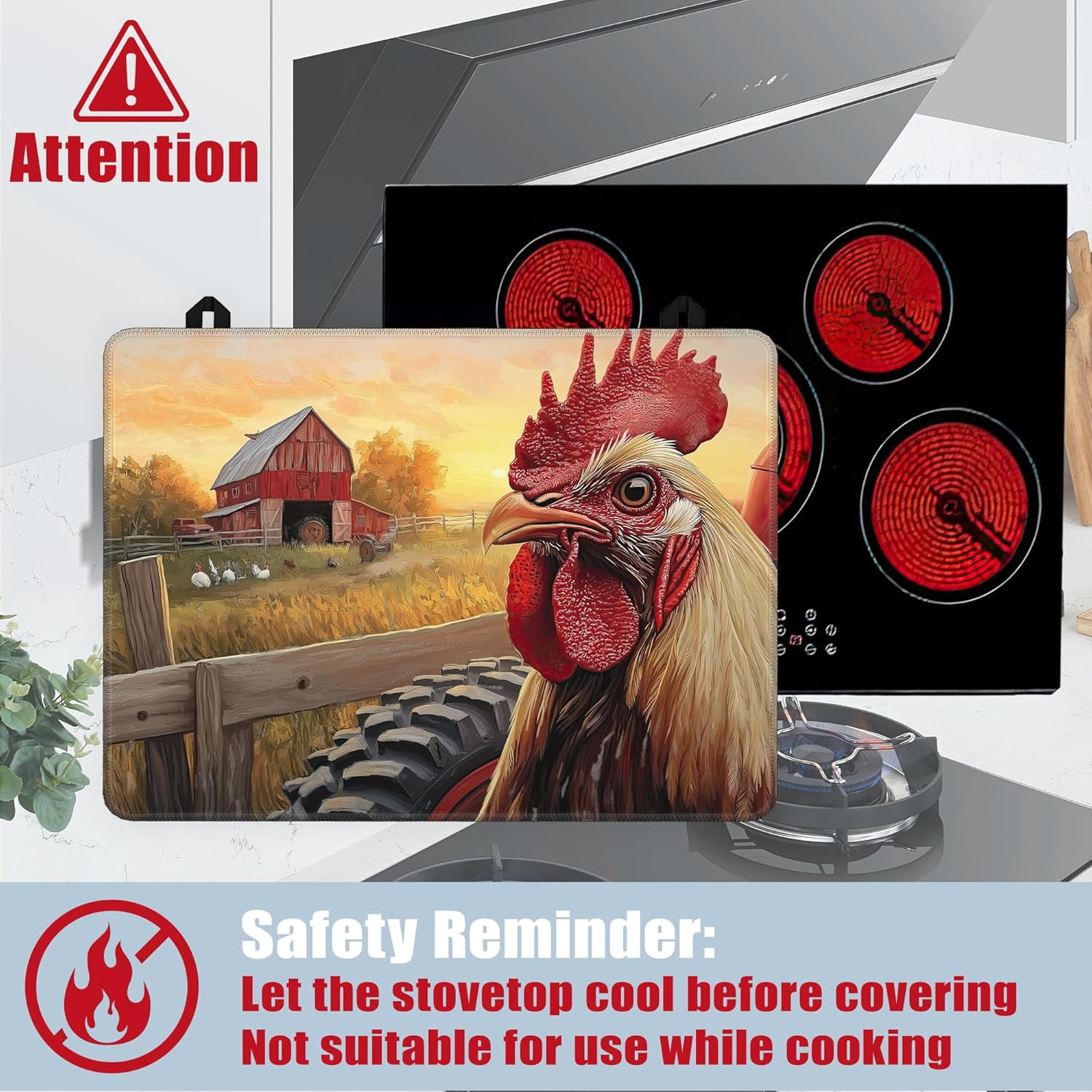 Rustic Rooster Glass Top Stove Cover Protector,Watercolor Farm Stove Top Covers for Electric Stove,Washable Heat Resistant Cooktop Mat Anti-Slip Range Covers, 28 x 20 Inch