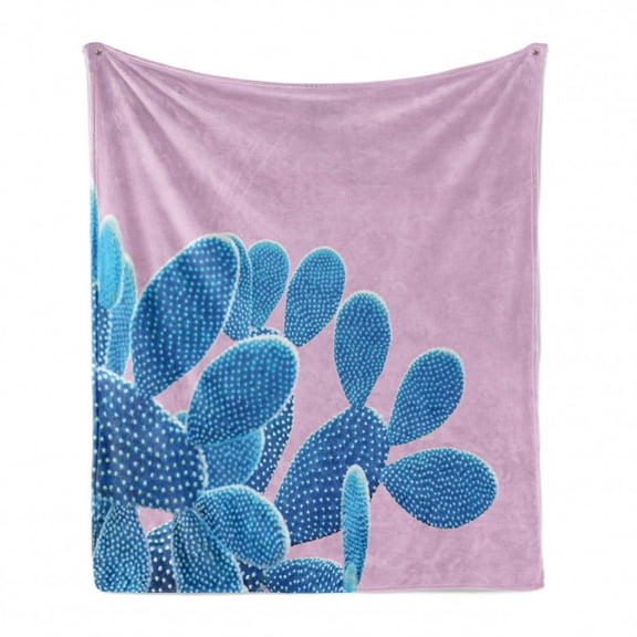 Summer Pink Soft Flannel Fleece Throw Blanket, Modern Style Cactus Plant Design Summer Season Nature Illustration Art Print, Cozy Plush for Indoor and Outdoor Use, 60" x 80", Azure Blue, by Ambesonne