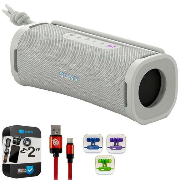 Sony SRSULT10/W ULT Field 1 Wireless Ultra Portable BT Compact Speaker White Bundle w/ 2 Year Protection Pack   Deco Essentials 6 Ft Braided USB-C to USB-C Cable   Mizco Travelocity In-Ear Headphone