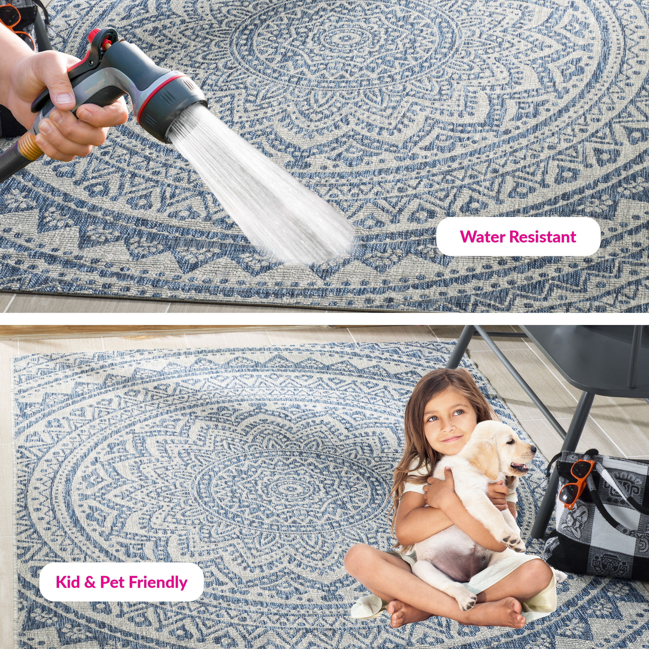 SAFAVIEH Courtyard Josiah Floral Medallion Indoor/Outdoor Area Rug, 5'3" x 7'7", Light Grey/Blue