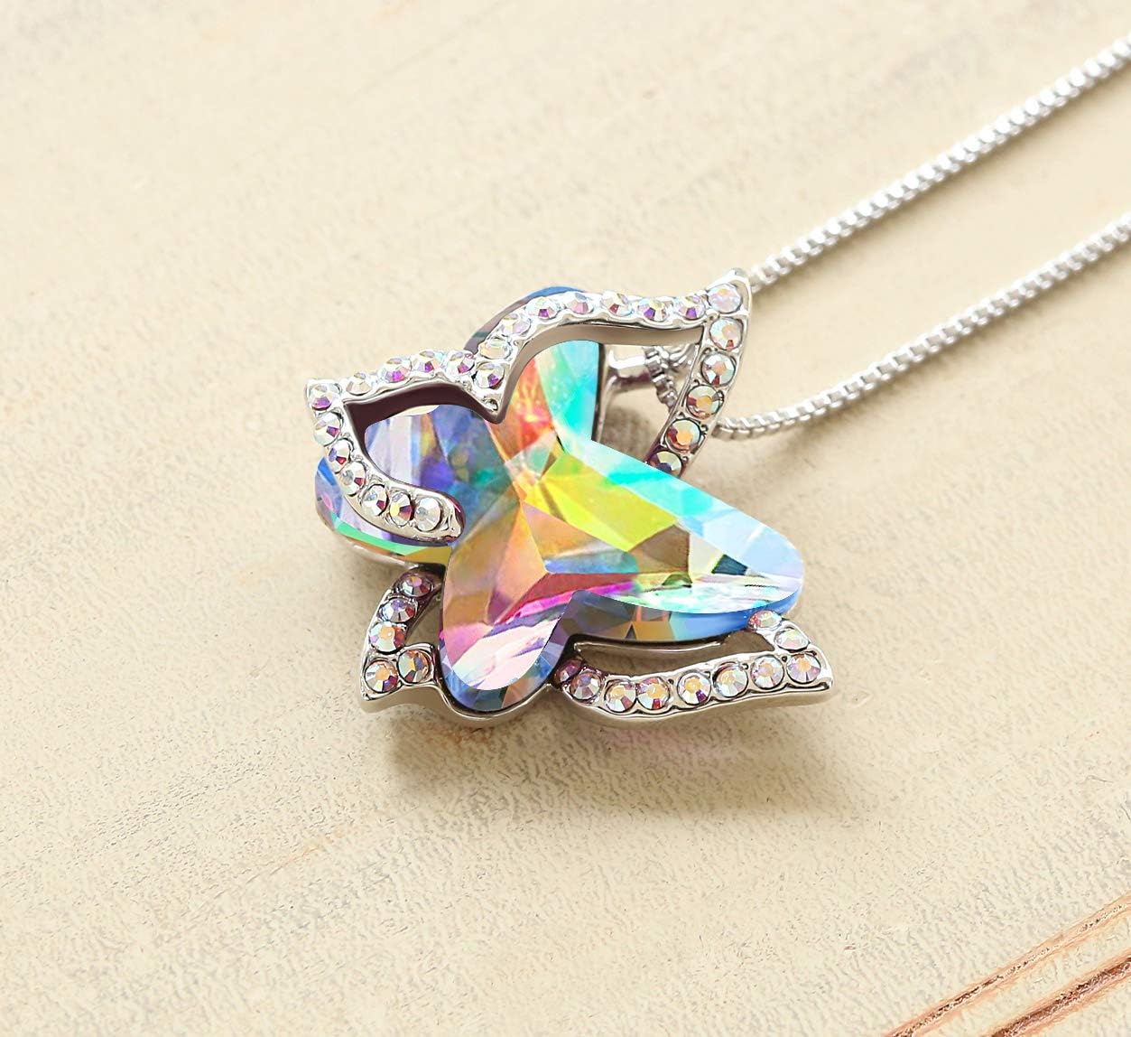 Leander Gift Butterfly Birthstone Crystal Necklace, Silver Tone with 18u201d+2u201d Chain, Necklace for Motheru2019s Day Anniversary Birthday Gifts for Women and Daughter