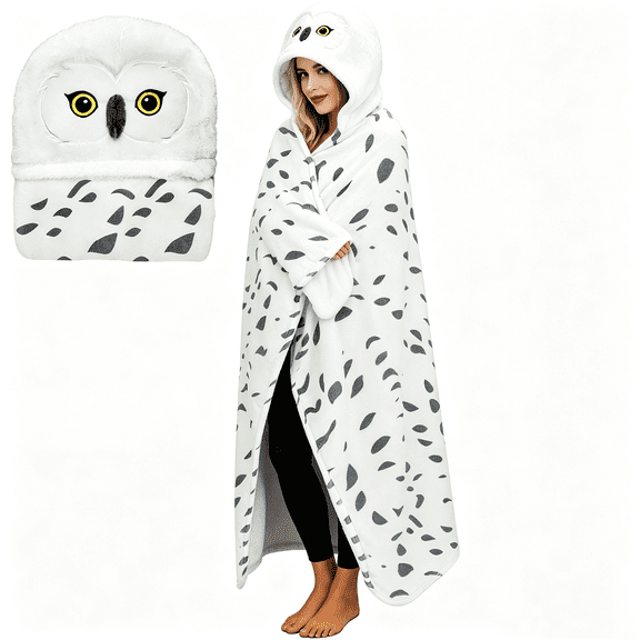SKYKENKP Wearable Blanket Hoodie, Snowy Owl Hooded Blanket Cloak with Gloves, Super Soft Owl for Birthday Holiday
