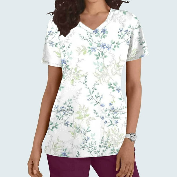 Fiudx Ofertas y Liquidaciones Top de Enfermera Informal con Cuello En V y Manga Corta con Bolsillo Estampado para Mujer