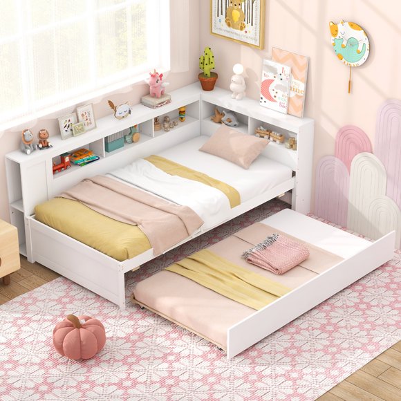 Gymax Twin Size Daybed w/ Trundle Bedside Shelves Reversible Bookcase Headboard