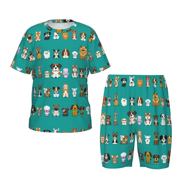 Fotbe Cartoon Dogs Pijama Estampada de 2 Piezas para Niños – Ropa de Dormir de Manga Corta Cómoda para Niños y Niñas, Camiseta y Shorts de Algodón-Medium
