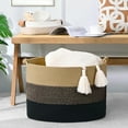 thumbnail image 3 of 67L Large Blanket Basket, 20"x13" Woven Storage Baskets With Handle, Cotton Rope Blanket Basket Living Room, Baby Laundry hamper for Blanket, Nursery, Toy, Pillow (Brown & Black), 3 of 12
