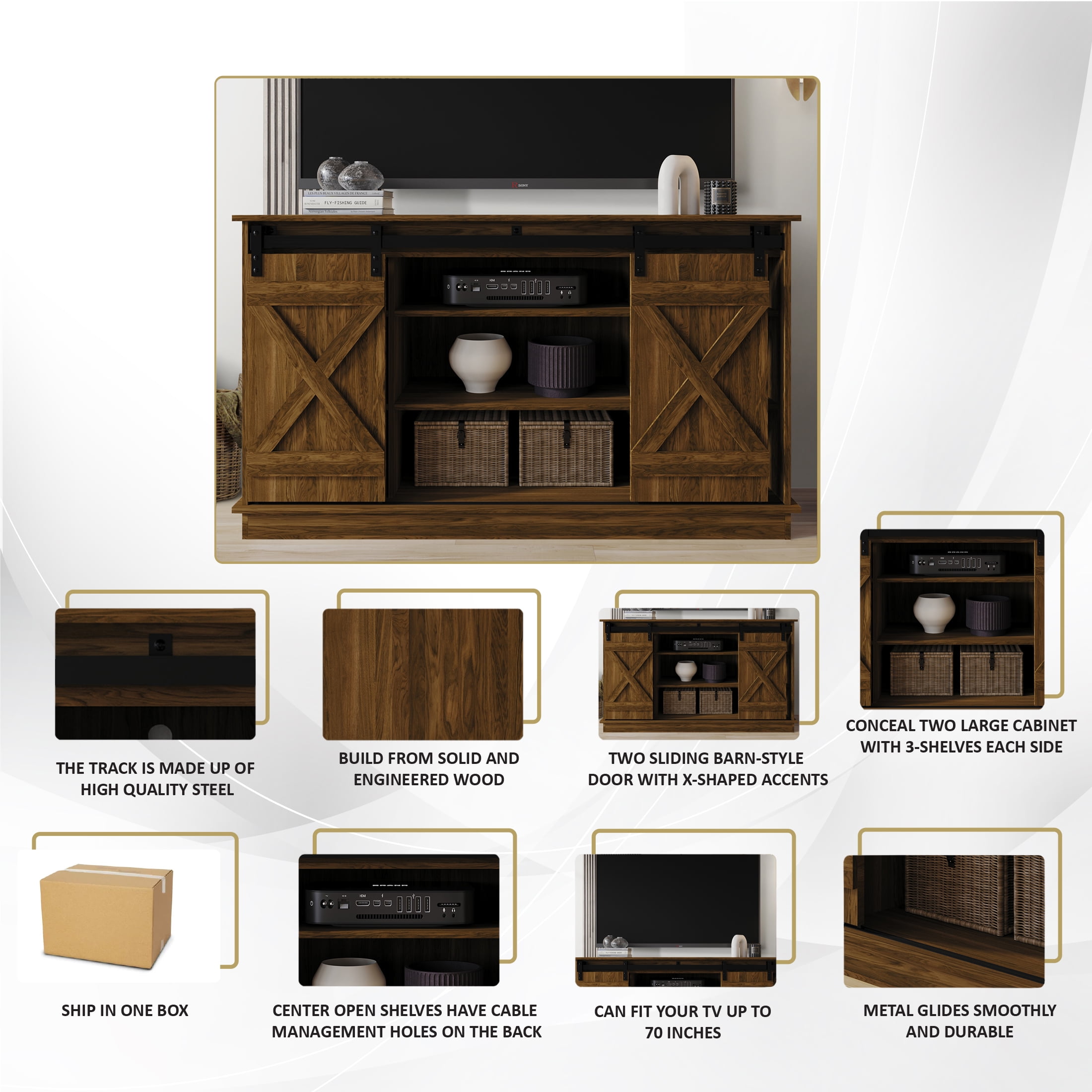 Castle Place Vintage 54" TV Stand Console for TVs up to 65", Brown