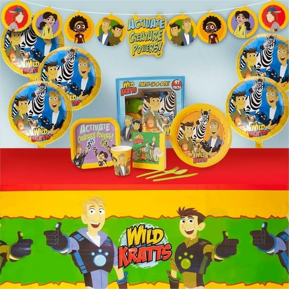 Wild Kratts Party in a Box Kit 97pcs Decor Banner Tablecloth Napkins Cups Balloons Plates Mighty Mojo