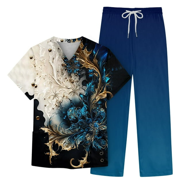 Men's Short Sleeve V Neck Print Chest Pocket Care Top Elastic Waist Pants Two Piece Work Suit M