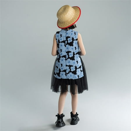 

Aayomet Girls Dresses Summer New Embroidered Mesh Splicing Princess Dress Cheongsam Wind Children s Skirt Girls Dress Sleeveless Blue 8-9 Years
